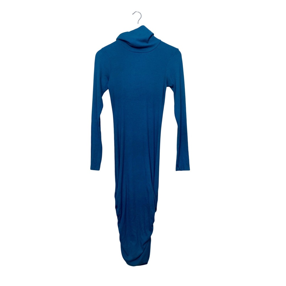 Stateside Teal Blue Ribbed Turtleneck Midi Dress Long Sleeve Side Ruched Small‎